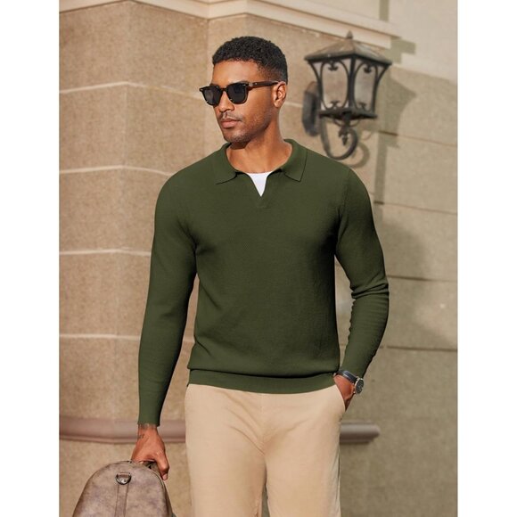 Men's Knit Polo Long Sleeve V-Neck Pullover Sweaters Collared Knitted Army Green - Picture 4 of 6
